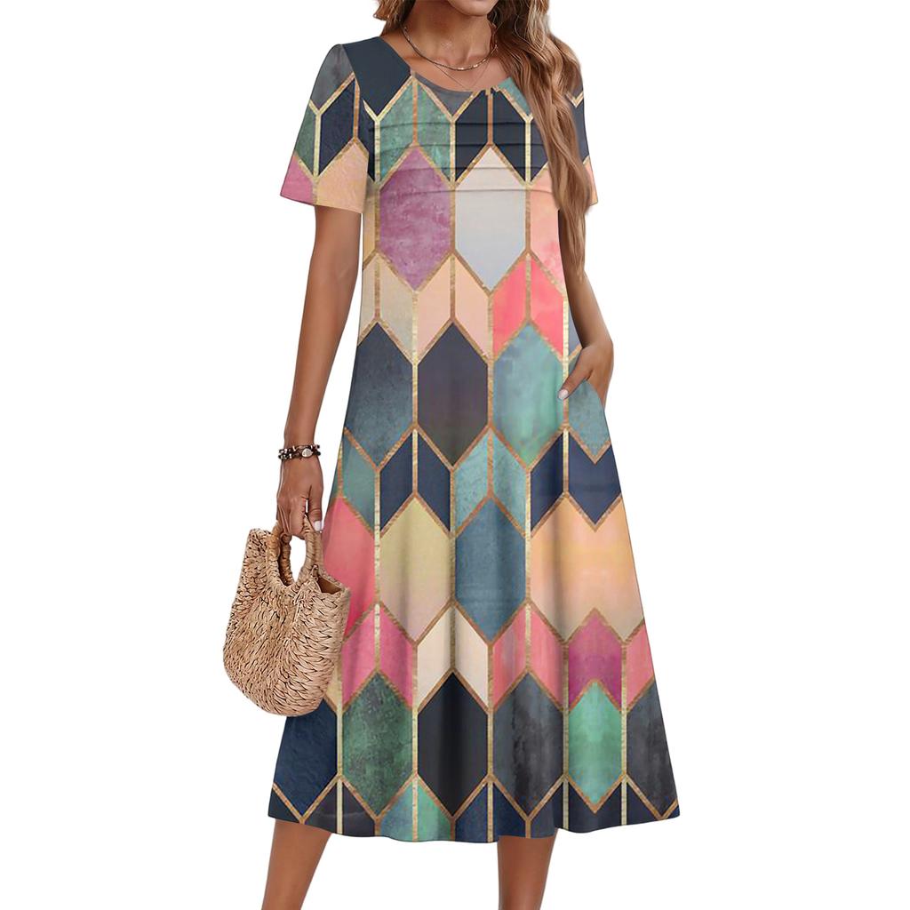 Женское повседневное и модное платье с цветочным принтом, короткими рукавами и круглым вырезом.