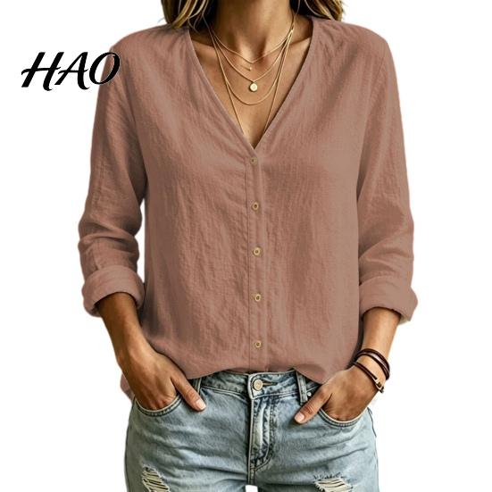 Women Loose Shirt V-Neck Long Sleeves Shirt, Solid Color Button Front Cotton Early Autumn Linen Blouse, Breathable Fit Casual Top for