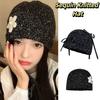Vintage Beanie Hat Bowknot Woven Cap Fashion Sequin Knitted Hat  Autumn