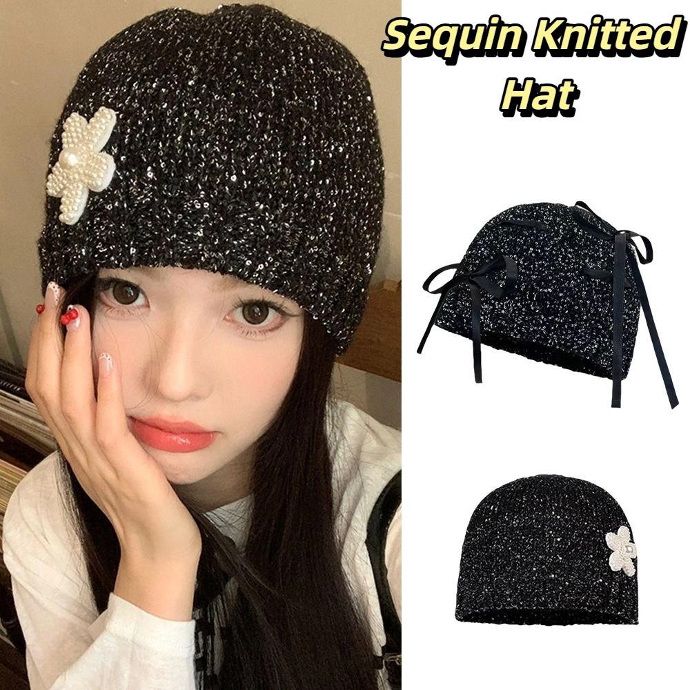 Vintage Beanie Hat Bowknot Woven Cap Fashion Sequin Knitted Hat Autumn