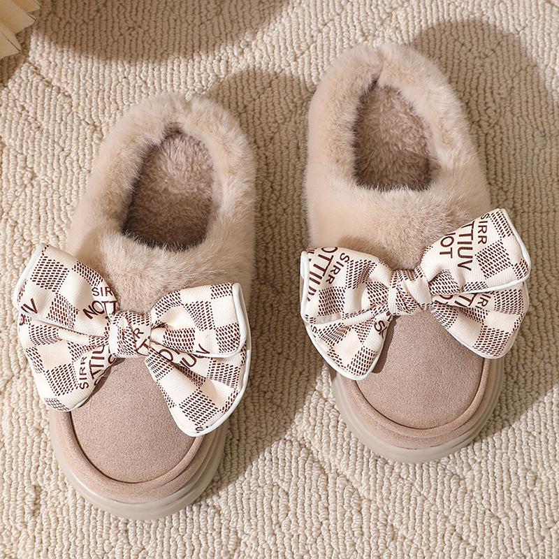 Lovely Bow Women Winter Toe Wrap Warm Solid Cotton Slippers Thick Soft Sole Slides Indoor Floor Flat Home Non-slip Shoes