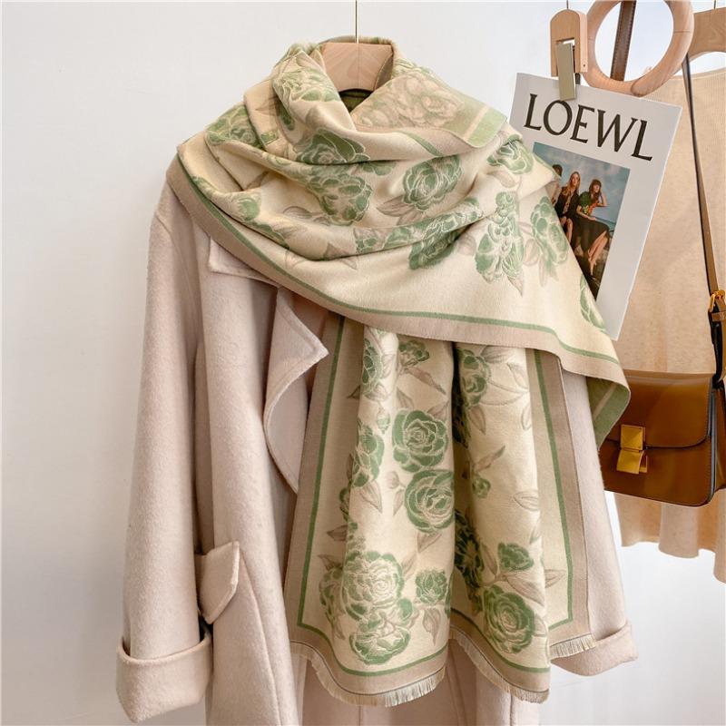 Cute Flower Cashmere Scarf Feel Fringed Shawl Soft Girl Winter Student Scarf Warm Thickened Scarf