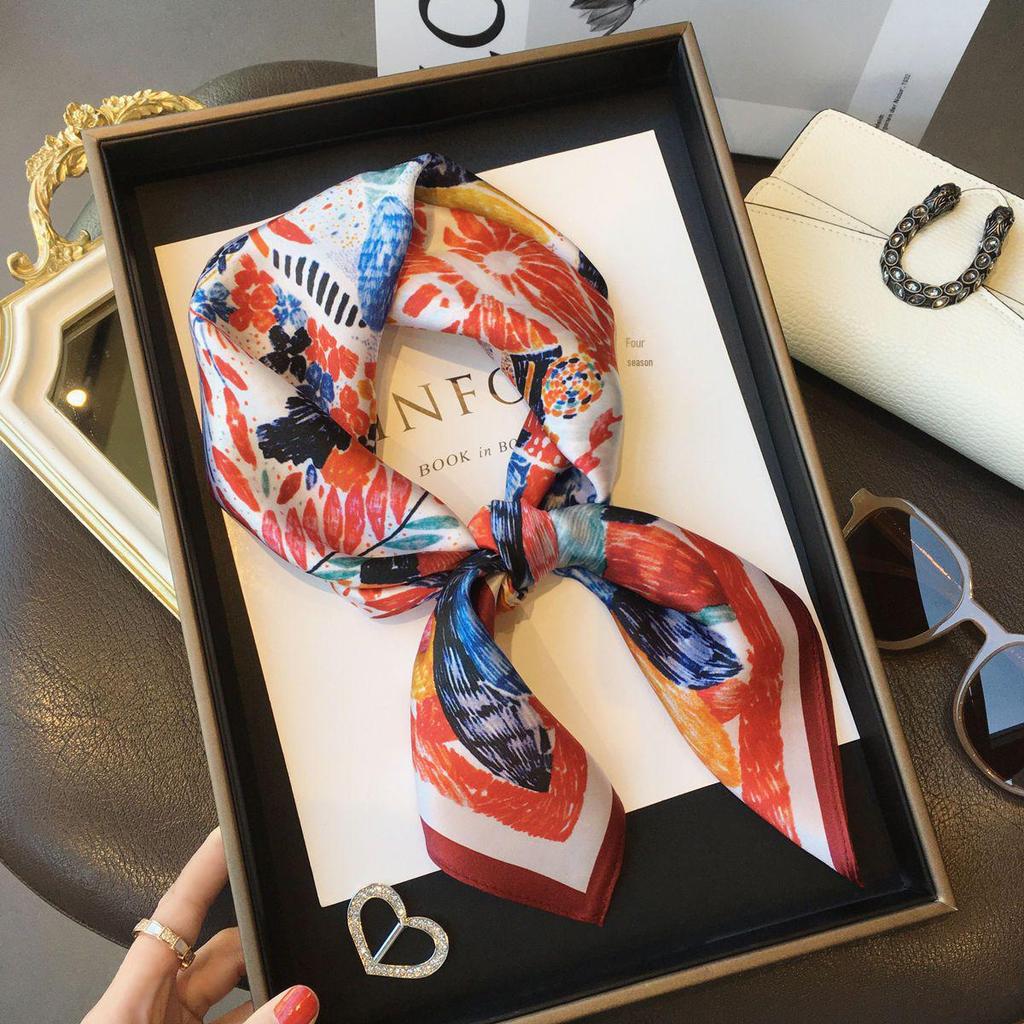 70cm Birch Forest Silk-Blend Scarf: Women's Spring/Summer Oil Painting Style Square Scarf