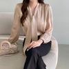 Fashion Long Sleeve Casual Shirt Women Spring and Summer Bow V-neck Solid Button Up Loose Blouses Women Elegant Simple Office Shirt Chic Tops 26436