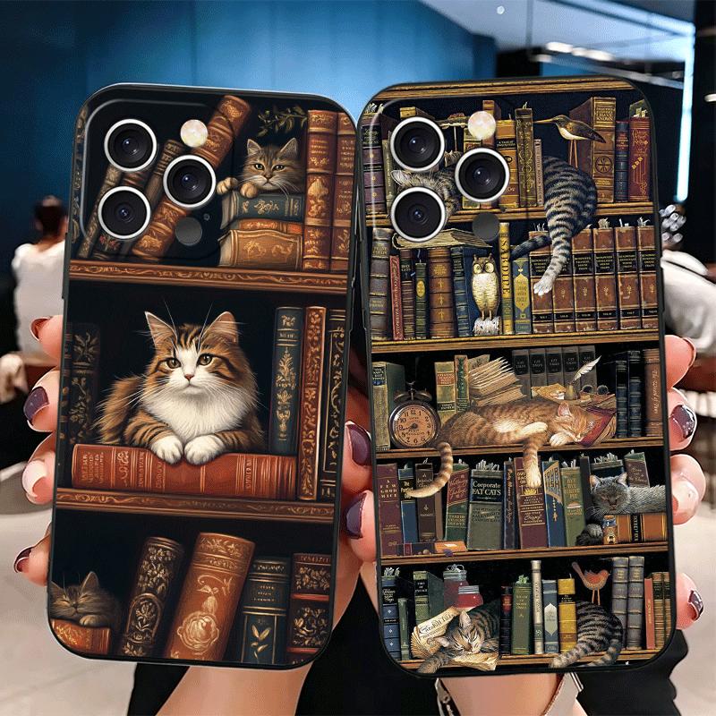 Милый кот Книжная полка Интересный Мягкий чехол для телефона для iPhone 16 16E 17 Air 15 Pro Max 14 Plus 13 Mini 11 12 7 Черный Чехол Задняя Полка