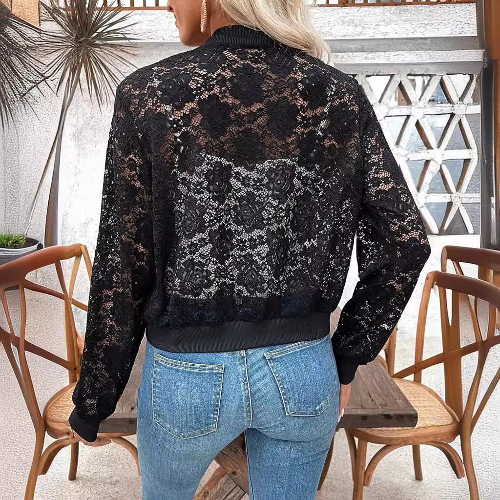 New Elegant Women's Jacquard Lace Perspective Zipper Short Jacket Top Coat