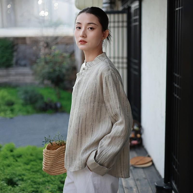 Johnature Женские китайские рубашки, топы, стойка, длинный рукав, блузки на пуговицах, весенние винтажные мягкие женские рубашки