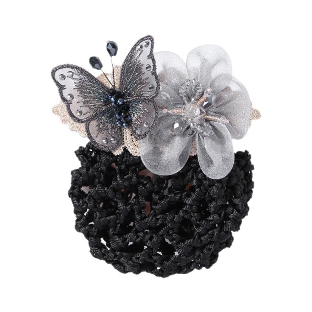 Butterfly Flower Elastic Hair Net Rhinestone Beads Decor Hair Bun Holder Hotel Staff Uniform