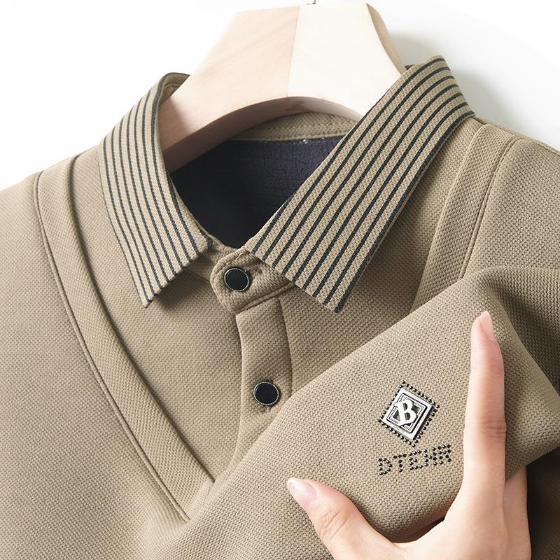 Продвинутый Роскошный Рубашечный Воротник Плюшевый Толстый Свитер Мужской Осенняя Мода Брендовая Вышивка Комплект-двойка с Имитацией Длиннорукавная Футболка