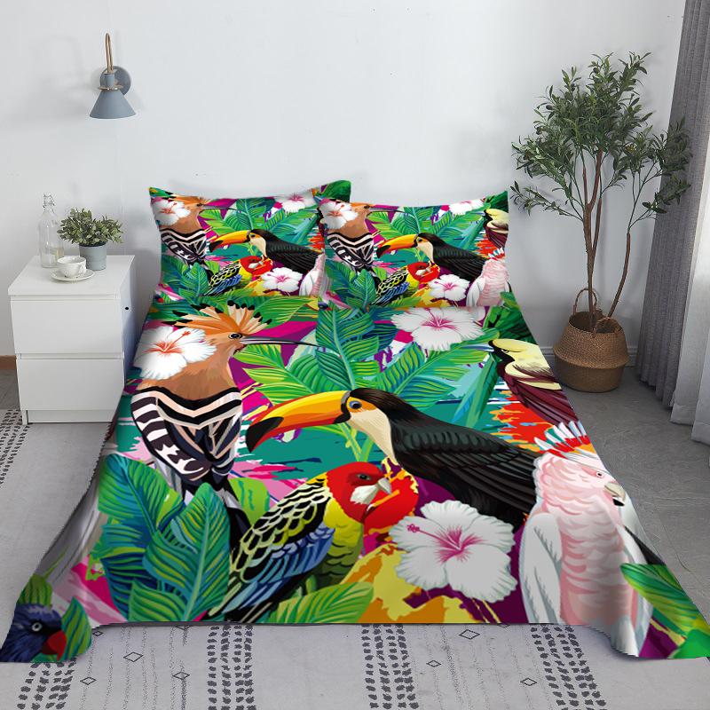 Комплект простыней с тропическим пейзажем, цифровая печать, зеленые листья, полиэстер, плоская простыня с наволочкой, постельное белье, размер кинг, размер квин