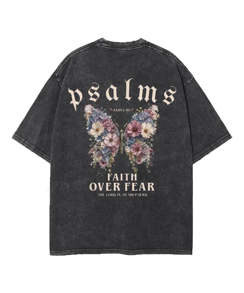 Psalms Faith Over Fear Floral Butterfly Graphic Vintage Washed T-Shirt Unisex Oversized Short Sleeve Crew Neck Retro Casual Tops