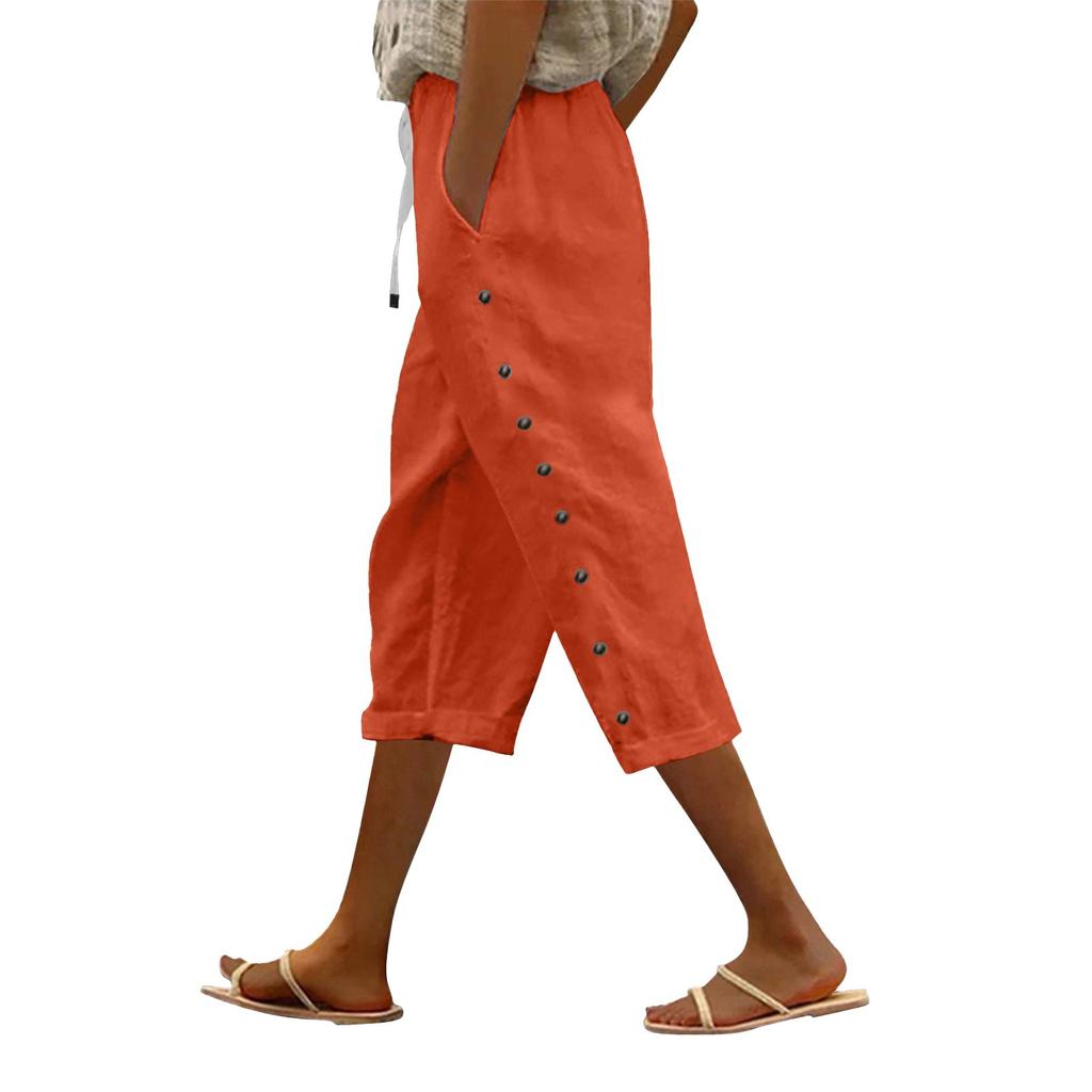 Women Casual  Side Button Up Trendy Pants Baggy Elastic Waist Straight Leg Comfort Trousers With Pocket