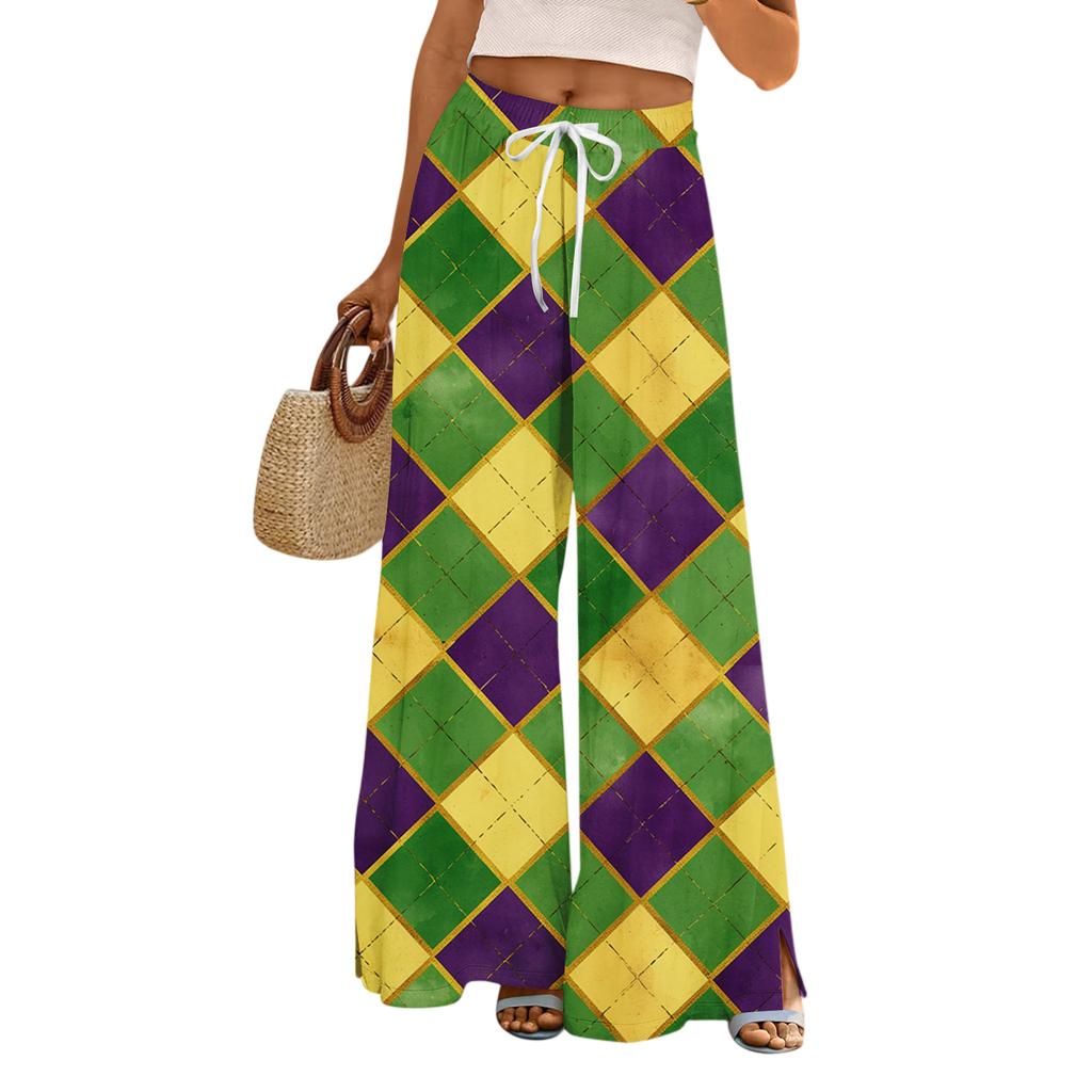 Ladies' Loose And Casual Printed Wide Leg Pants With Elastic Waistband Drawstring And Pocket Pants
