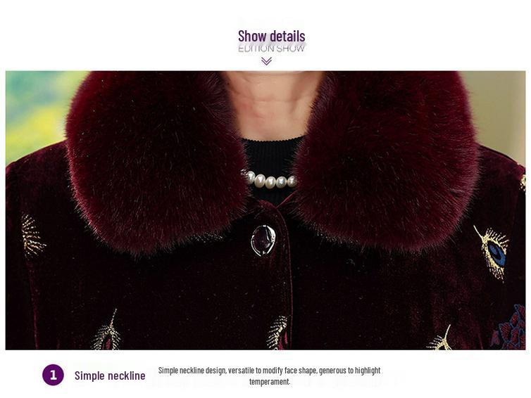 Grandma's Mink Velvet Coat with Fleece Lining, Thickened, for Middle-Aged & Elderly, Fur Collar, Warm Cotton-Padded Jacket.