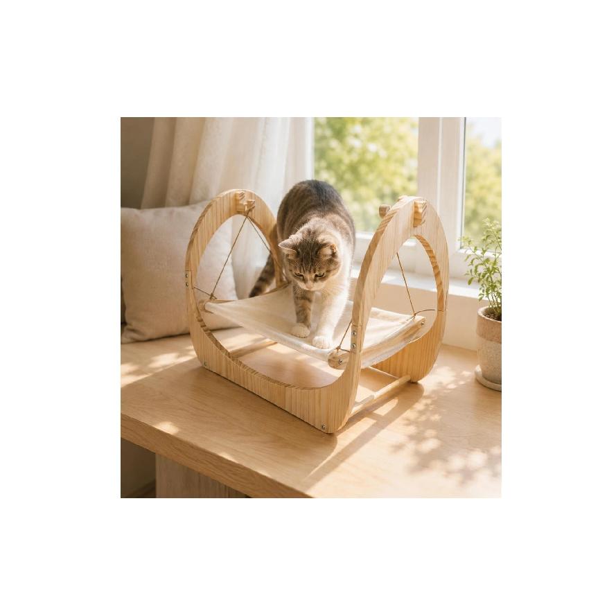 Wooden Feline Swing Bed Curved Frame Suspended Feline Sling Bed Rounded Corners