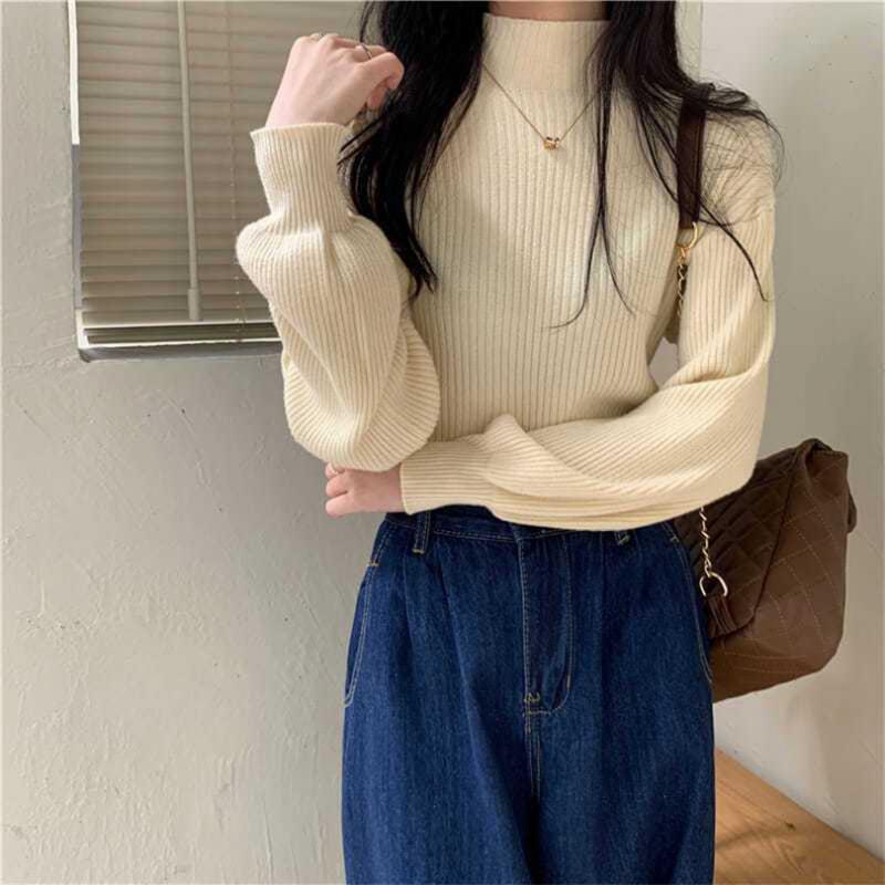 Women Autumn Mock Neck Knitted Sweater Lantern Long Sleeve Solid Elegant Pullovers Korean Loose Casual Tops Office Lady Jumpers