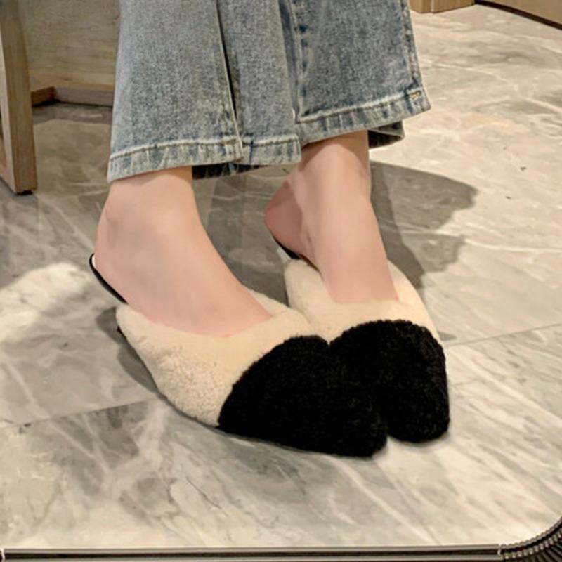 Sexy Pointed Toe Fur Slippers Women Heels Shoes Winter Elegant Mules Shoes 2024 New Fashion Flip Flops Slingback Pumps Sandals