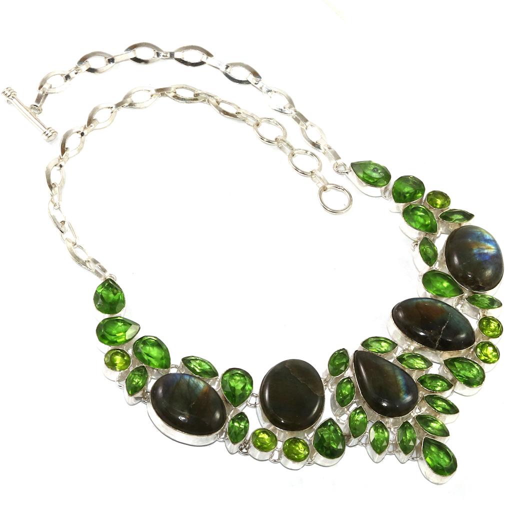 Fiery Labradorite Peridot Gemstone Silver Jewelry Necklace 16-18''
