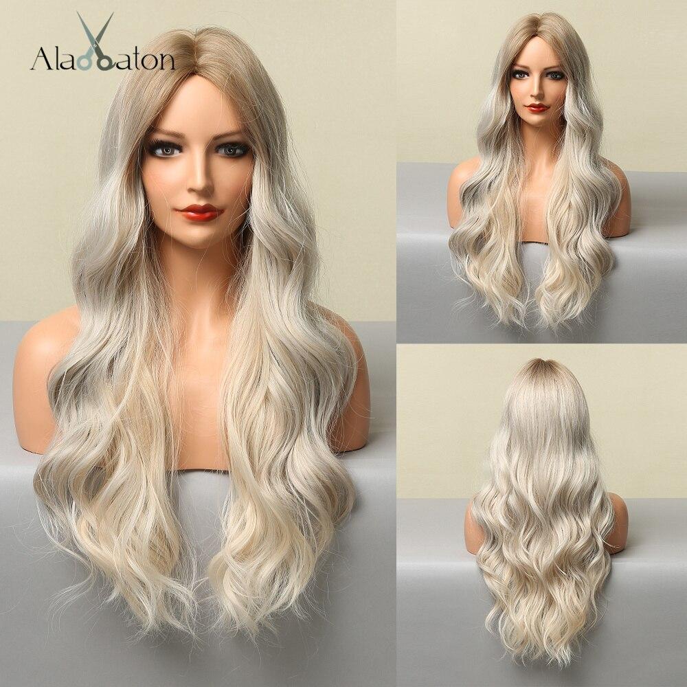 ALAN EATON Ombre Blonde Длинные волнистые волосы Парики Средняя часть Натуральный блондин Синтетический парик Высокотемпературное волокно для женщин Ежедневное использование