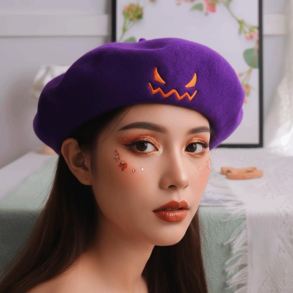 Embroidered Pumpkin Face Cap Lightweight Embroidered Painter Hat Pumpkin Beret Hat Holiday Gift