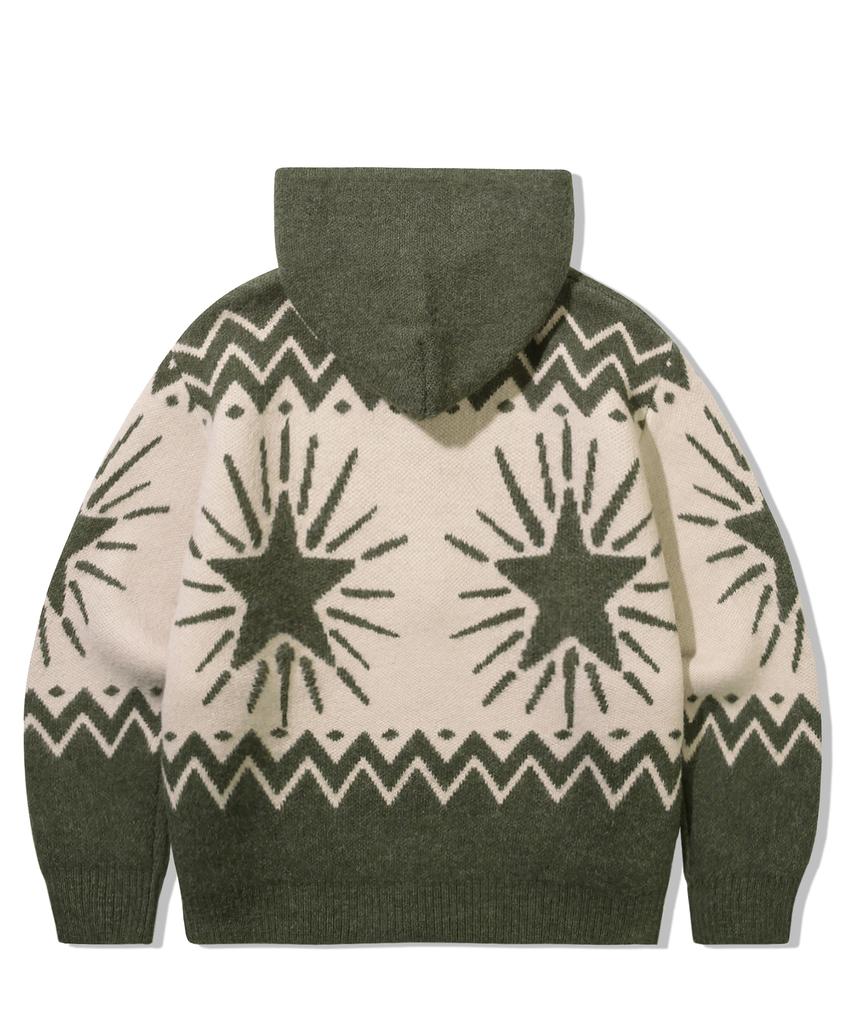 TRILLION Washable Wool Star Nordic Hooded Zip-Up Knit_Khaki