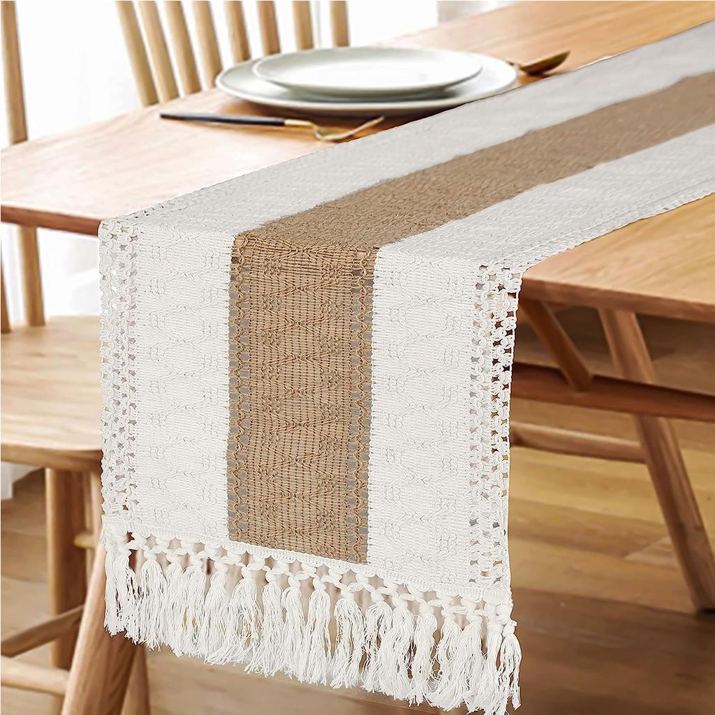 Boho Fall Table Runner Farmhouse Burlap Cotton Table Runner with Tassels Woven Macrame Home Living Room Table Decoration