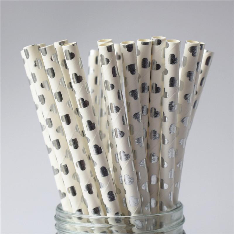 25pcs Metallic Gold heart star Foil Stripe Paper Straws Silver chevron Wedding Party Decor