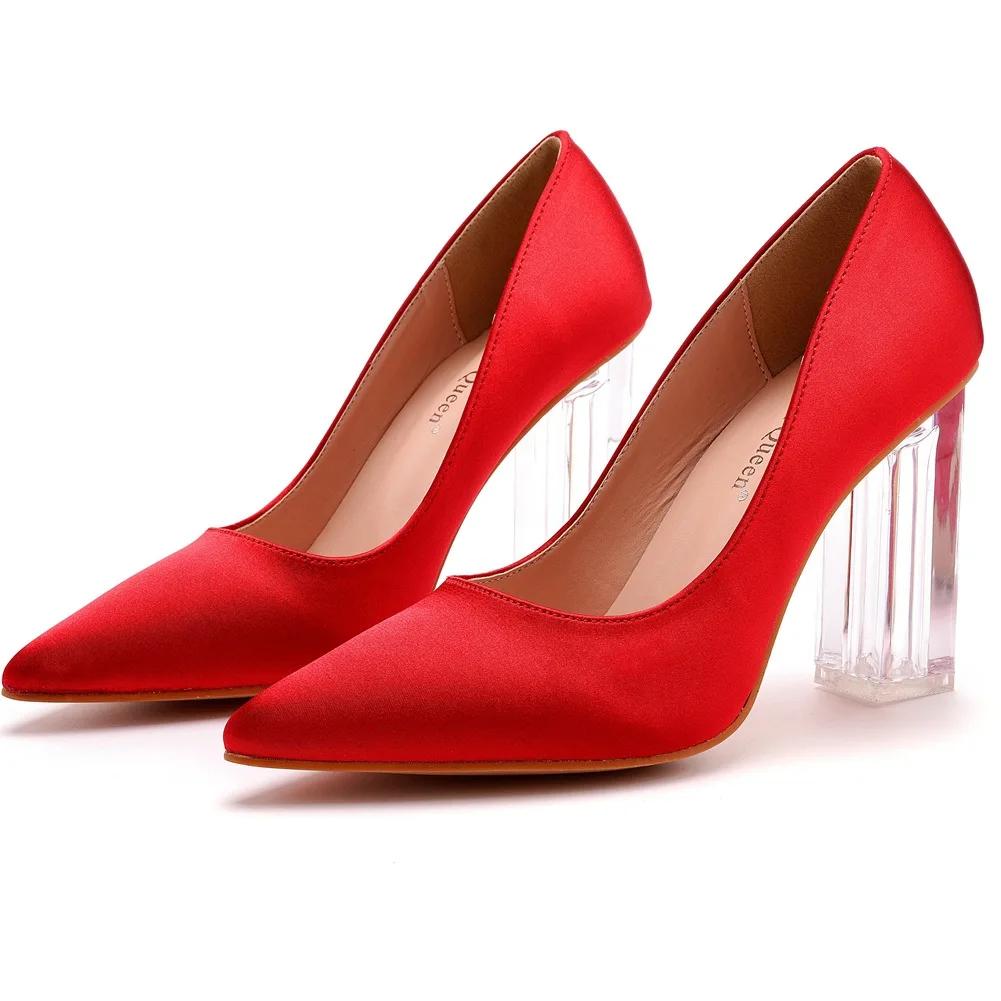 Женские туфли на каблуках с прозрачным каблуком и острым носком для женского танца, шелковое атласное платье невесты, свадебный банкет и женская обувь