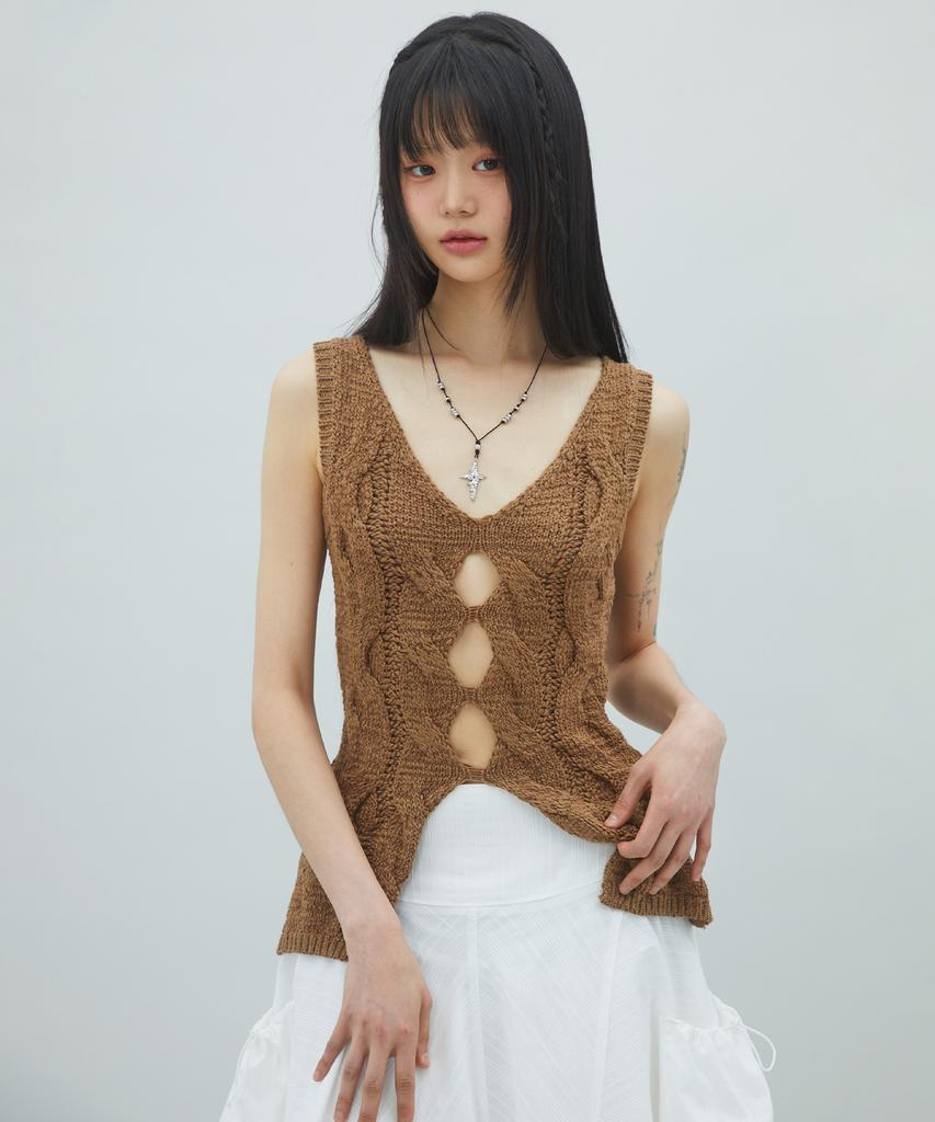 LALAFOX V-Neck Stitch Knit Vest Brown Br2Kv002