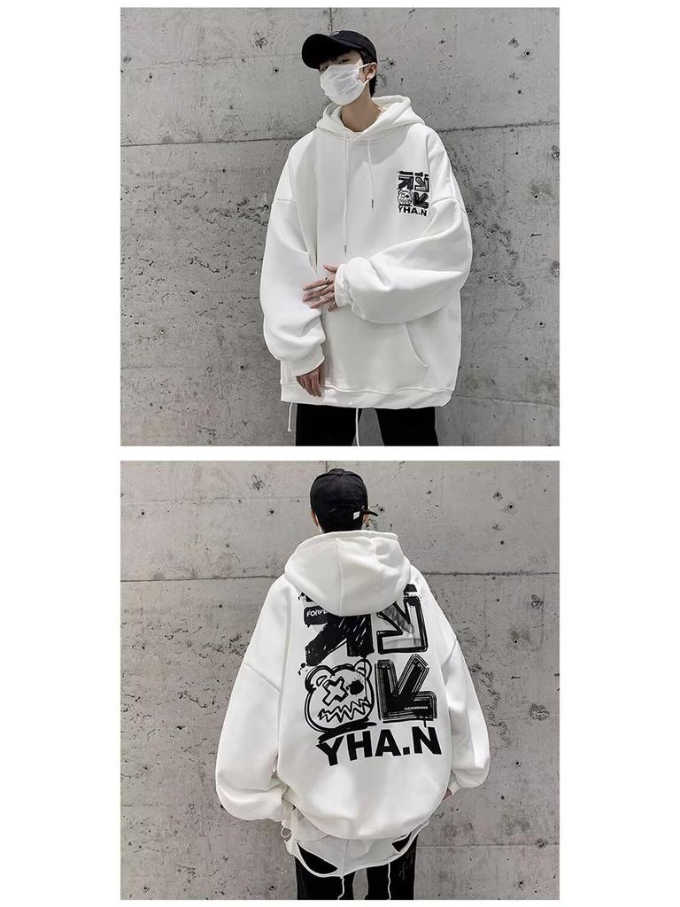 Мужская свободная толстовка с капюшоном в гонконгском стиле 2024 года - Модный принт с буквами, универсальная куртка на весну/осень