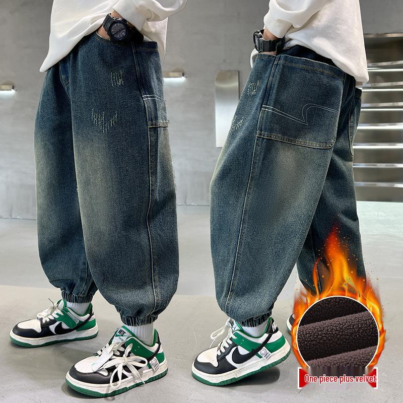 Детские зимние джинсы с толстой флисовой подкладкой - Теплые хлопковые брюки для детей среднего и старшего возраста (Коллекция 2025 г.)