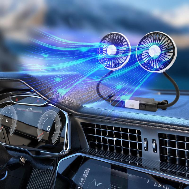 Автомобильный вентилятор для заднего сиденья с двумя головками, USB-вентилятором для автомобиля со светодиодной подсветкой, 3 скоростями и вращением на 360 градусов, регулируемым вентилятором с двумя головками и зажимом для