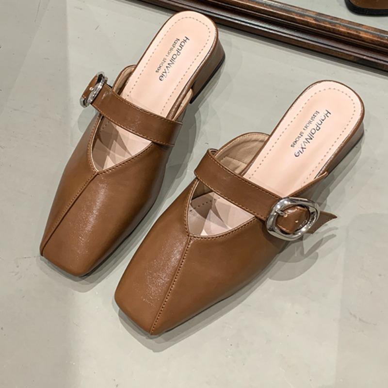 Fashion Low Heel Sandals Spring New Square Head Shallow Mouth Metal Buckle Soft Sole Anti-slip Wear-resistant Slippers
