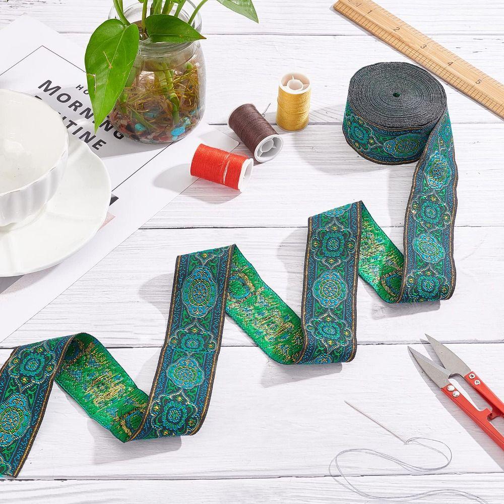 1 Roll 7.7 Yard 3.3cm Ethnic Style Ribbon Green Woven Ribbon DIY Clothing Accessories