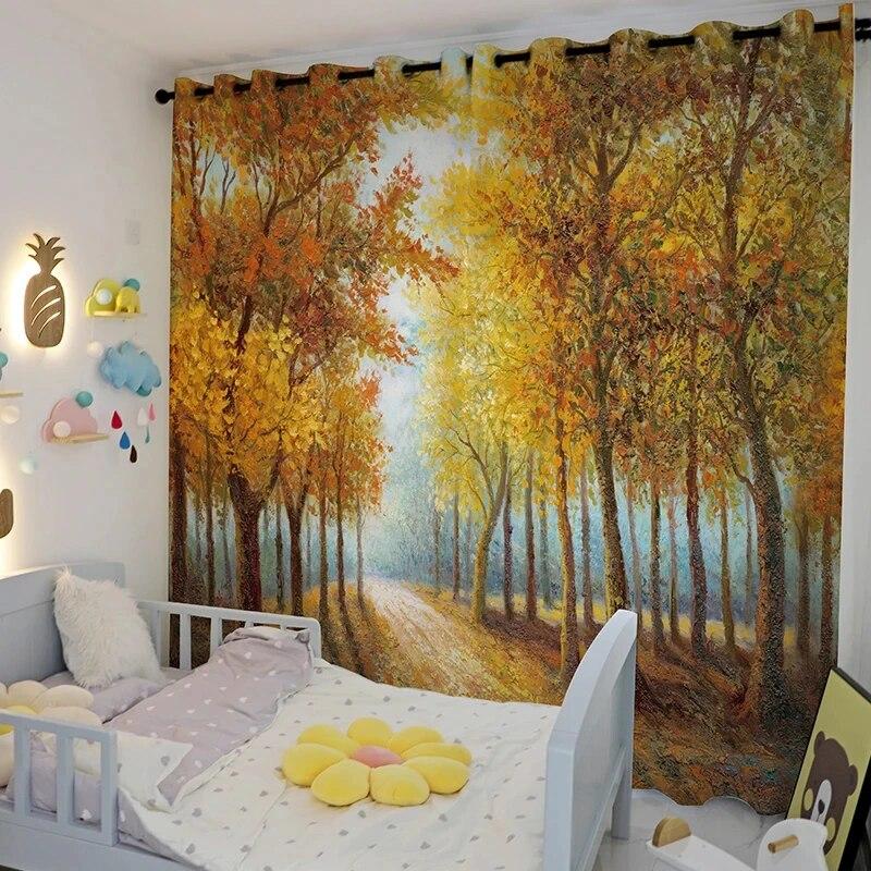 Занавеска с скандинавским пейзажем и высокой степенью затенения, снежная гора, зеленый лес, закат, цветы, затемненная драпировка для отеля, спальни, гостиной, залива, новинка