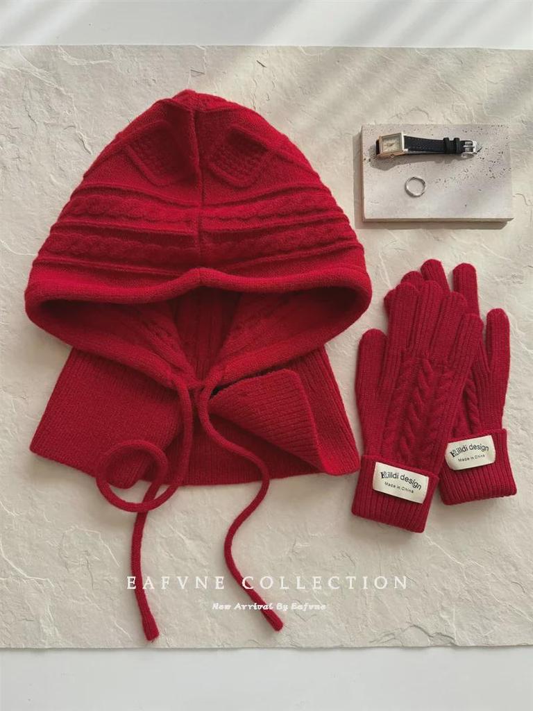 Korean Style Wool Balaclava & Twisted Gloves Set for Women - Perfect for Autumn and Winter