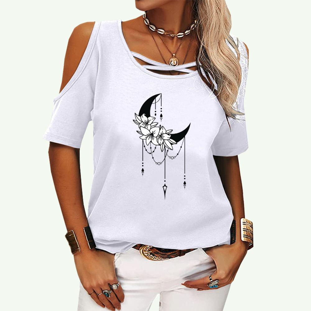 Women Fashion Print Short Sleeve T-shirt Ladies Off Shoulder Top Casual Round Neck Summer Tee Shirt
