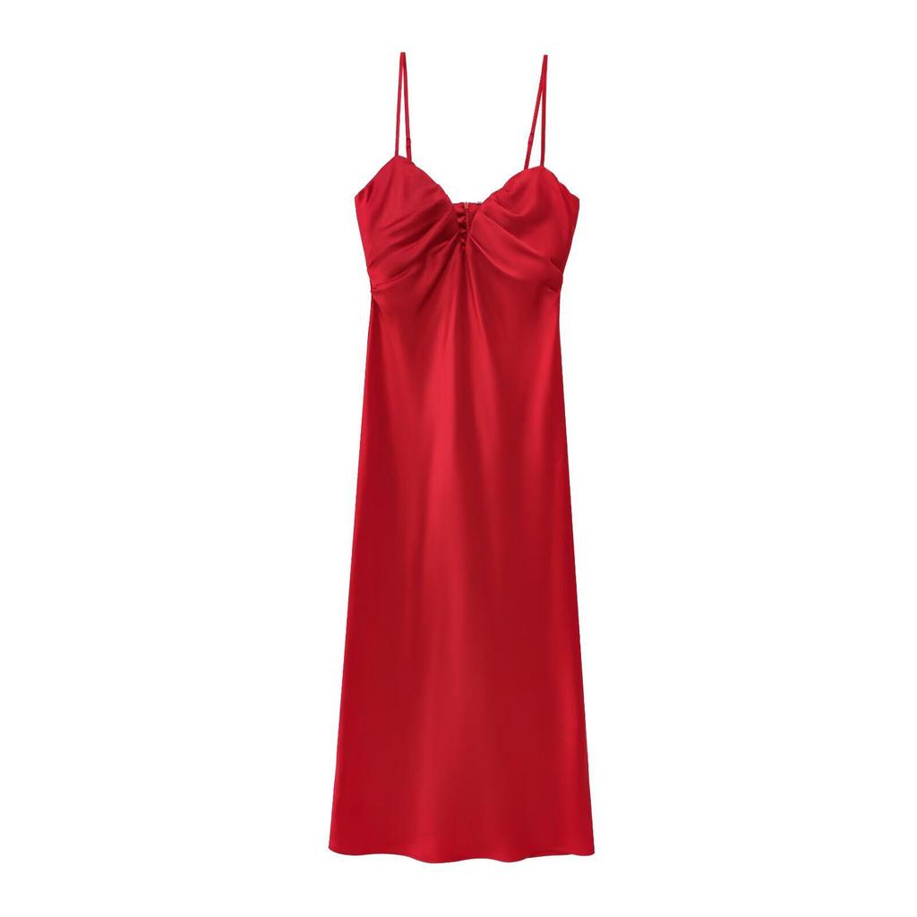 2025 Spring Women's European & American Style Silk Satin Red Heart Neckline Midi Dress