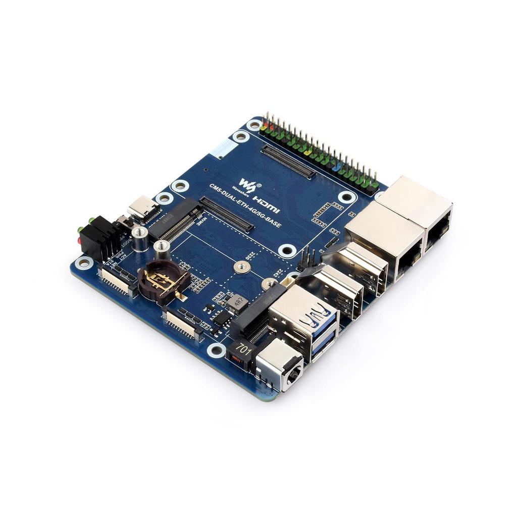 Raspberry Pi CM5 Dual Network Expansion Board with 4G/5G Module Support, Dual 4K Output, and Dual MIPI.