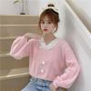 Women's Kawaii Short Knitted Sweater Sweet Candy-colored Bow V-neck Pullover Women's 2024 Spring Leisure Lantern Sleeve S