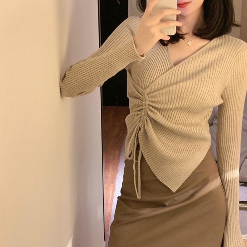 Autumn Thin V-neck Drawstring Knitted Sweater Women Fashion Long Sleeve Base Pullovers Women Sweaters Winter Tops Slim Fit Casual Lady Jumpers 25819
