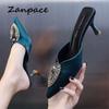 2025 Slippers Women Sandals Indoor High Heels Slip On Shoes Summer Thin Heeled Women Shoes Pointed Top Woman Slides