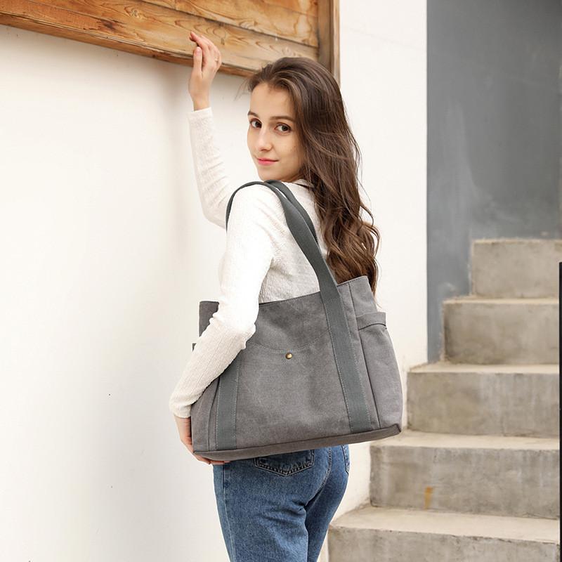 Canvas Tote Bag For Women With Zipper Pockets And Retro Style For Daily Use