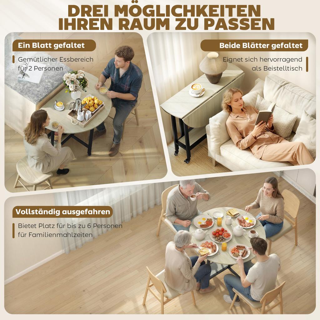 Folding Table, Table with Fold Function and Open Shelf, Rolling Kitchen Table for Dining Room, Small Spaces, Natural