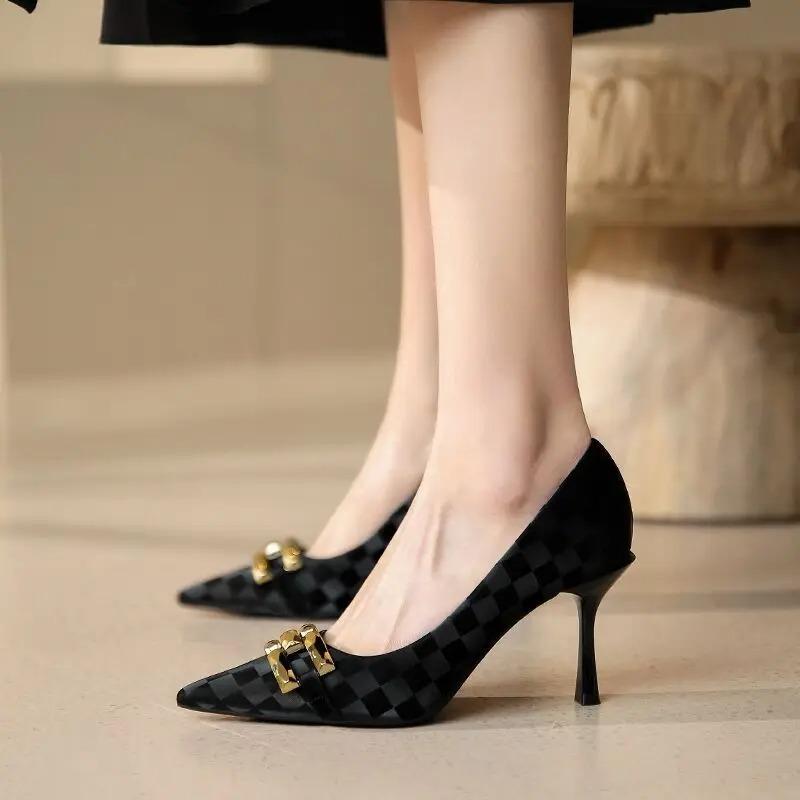 Fashion Woman Footwear Pointed Toe Thin Heels Office Luxury Leather Casual With Medium Formal Metal Decoration Shoes For Women Young E A