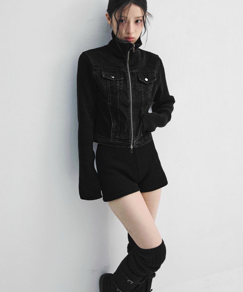 SIAOSIKO Black Denim Jacket Deep Black Knit