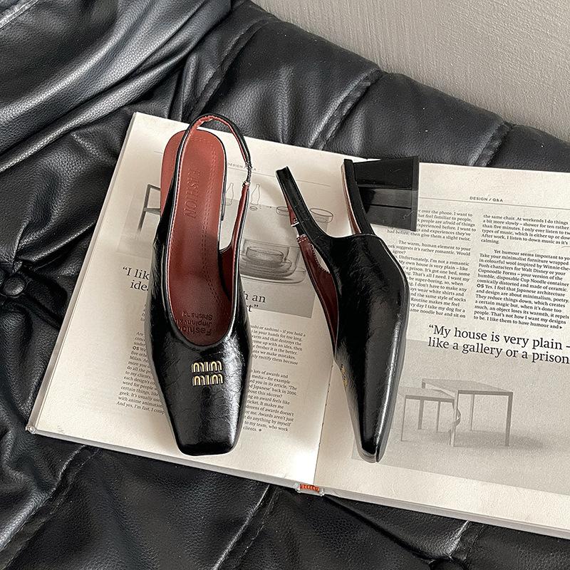 Модная офисная сексуальная обувь на толстом каблуке с квадратным носком и ремешком на пятке, женские летние новинки 2025 года, эластичные туфли на высоком каблуке