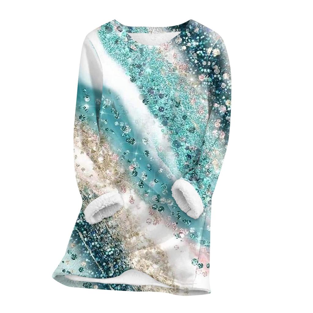 Женский топ с круглым вырезом, с принтом, утолщенный плюшевый кашемировый теплый длинный топ с длинными рукавами