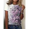 Purple Flower Printed Women's T-shirt, Round Neck Casual Short Sleeved Top, Fashionable for Outdoor Activities, Large Women's Clothing