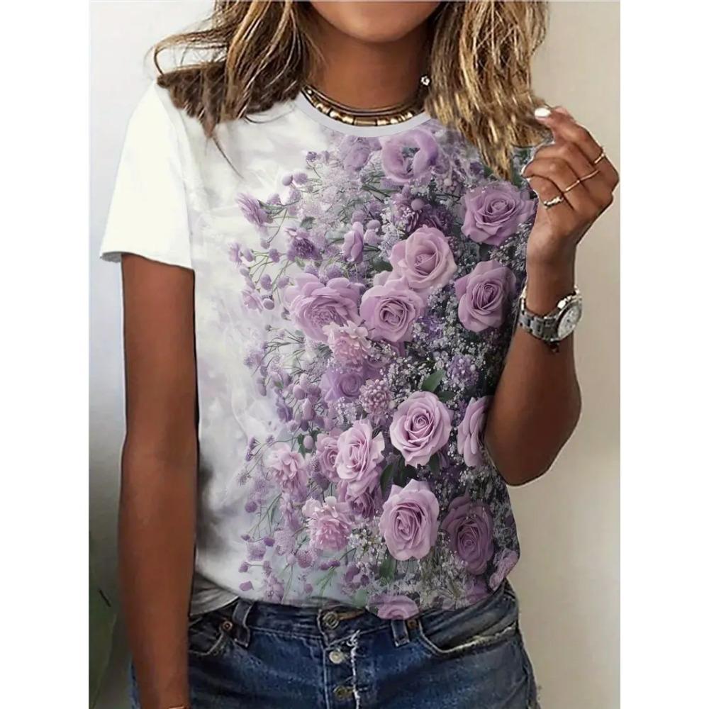 Women's Purple Flowers Print Summer Casual Round Neck Short Sleeve Top Outdoor Fashion Oversized